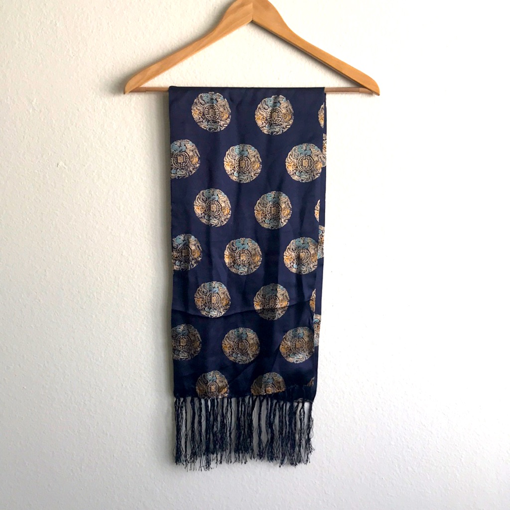 100 Silk Scarf Navy Blue Dragon Motif Double Sided Scarf